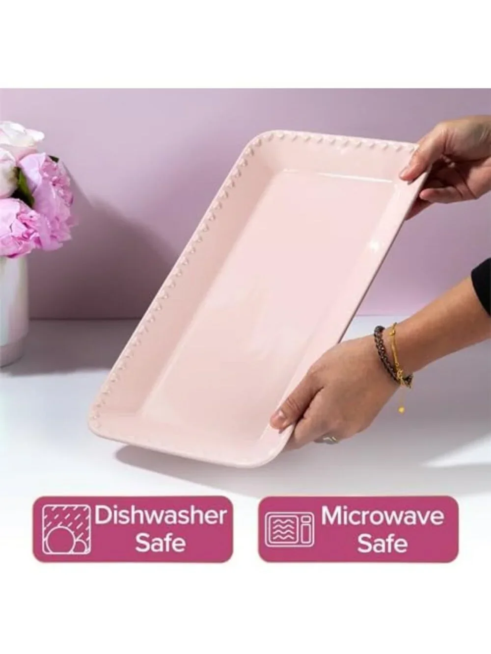Pink Rectangle Ceramic Serving Platter Tray with Embossed Hearts, 15x8-Inch
